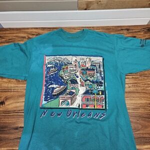 Vtg 90s New Orleans Screen Print City Bridge Old World City Faded Shirt Size Lg